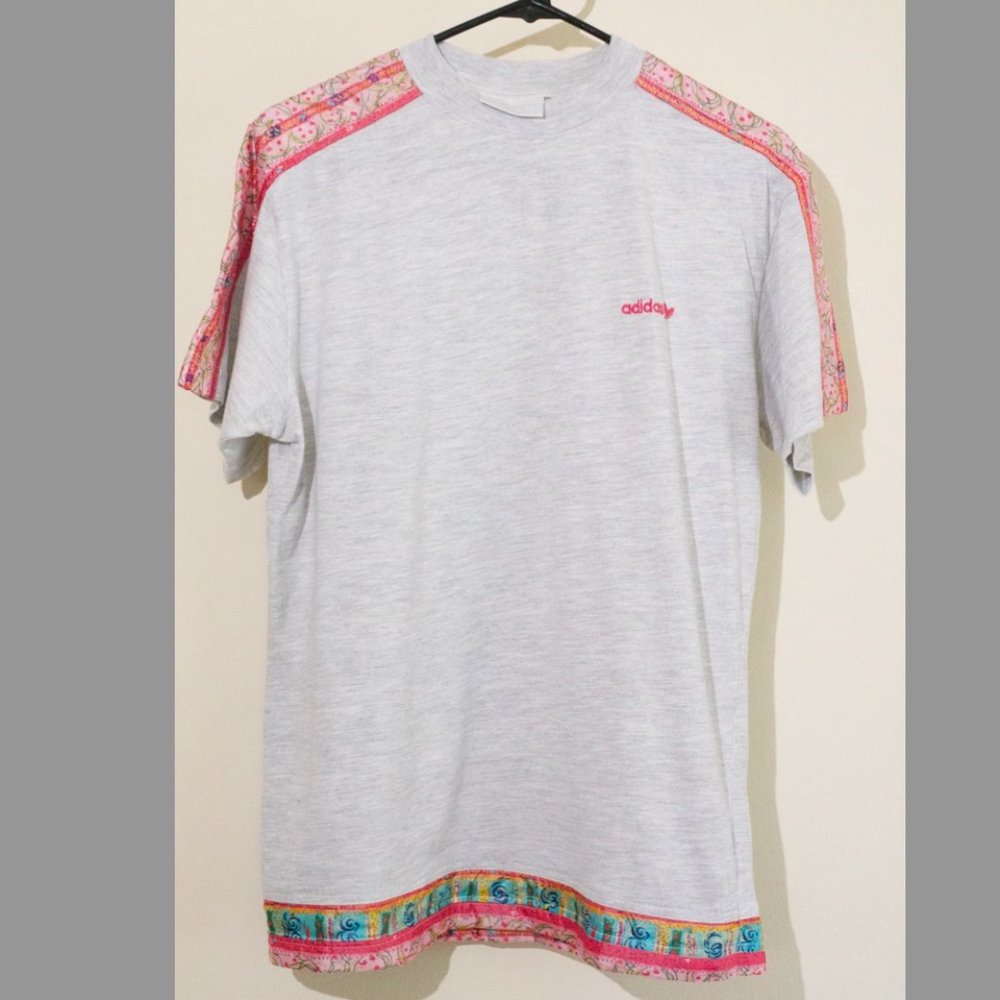 Vintage Adidas T-Shirt with Floral Fabric Detailing: Small